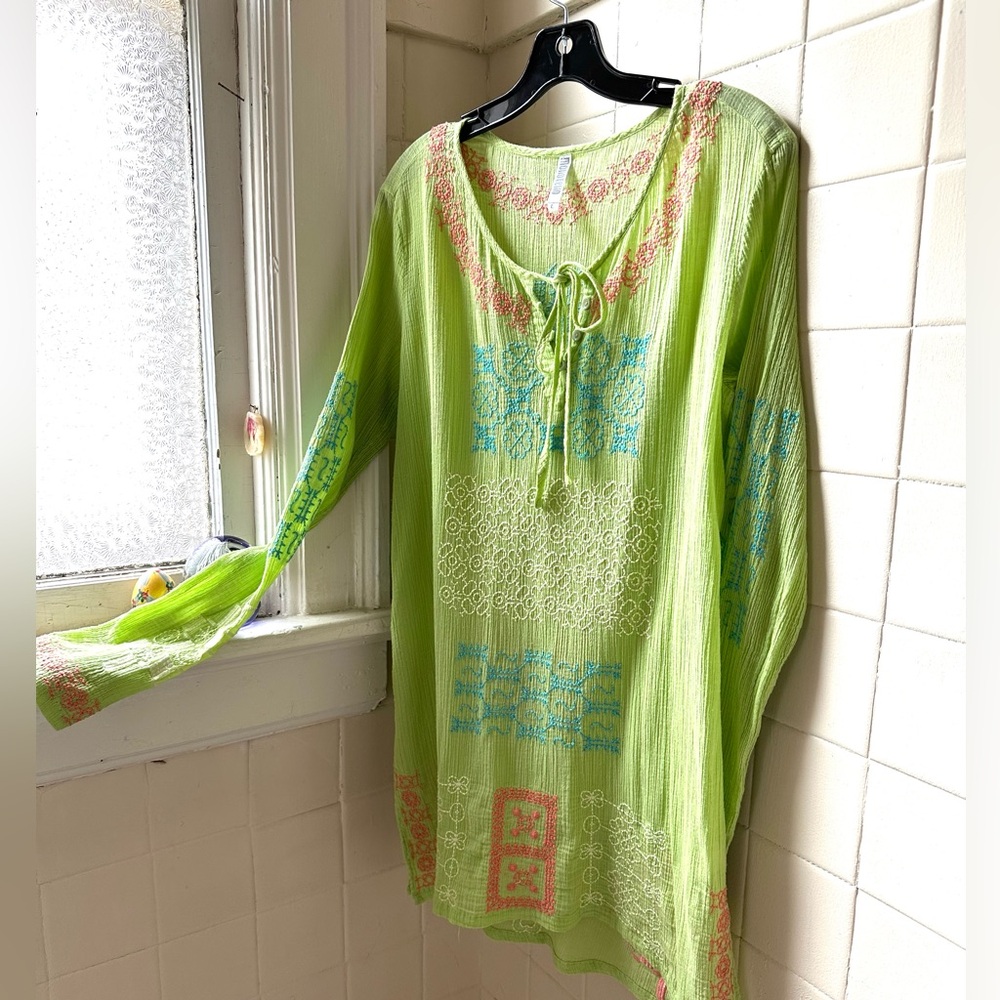 Mono Reno embroidered tunic cotton tie neck semi sheer beach, cruise, travel L